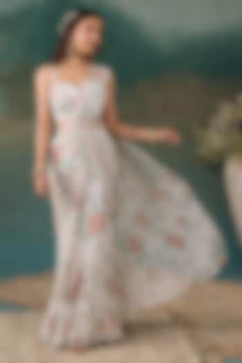 Pearl White Crepe Floral Printed Pre-Draped Wedding Saree Set by Chhavvi Aggarwal at Pernia's Pop Up Shop