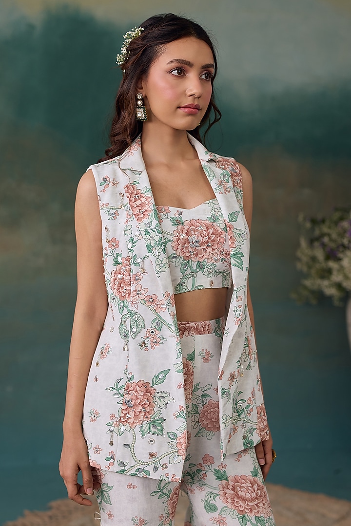 Pearl White Crepe Floral Printed Co-Ord Set by Chhavvi Aggarwal at Pernia's Pop Up Shop
