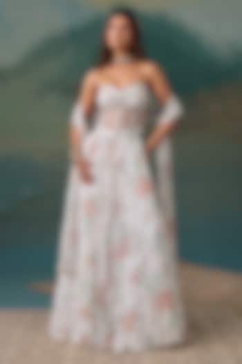 Pearl White Georgette Floral Embroidered Wedding Lehenga Set by Chhavvi Aggarwal at Pernia's Pop Up Shop