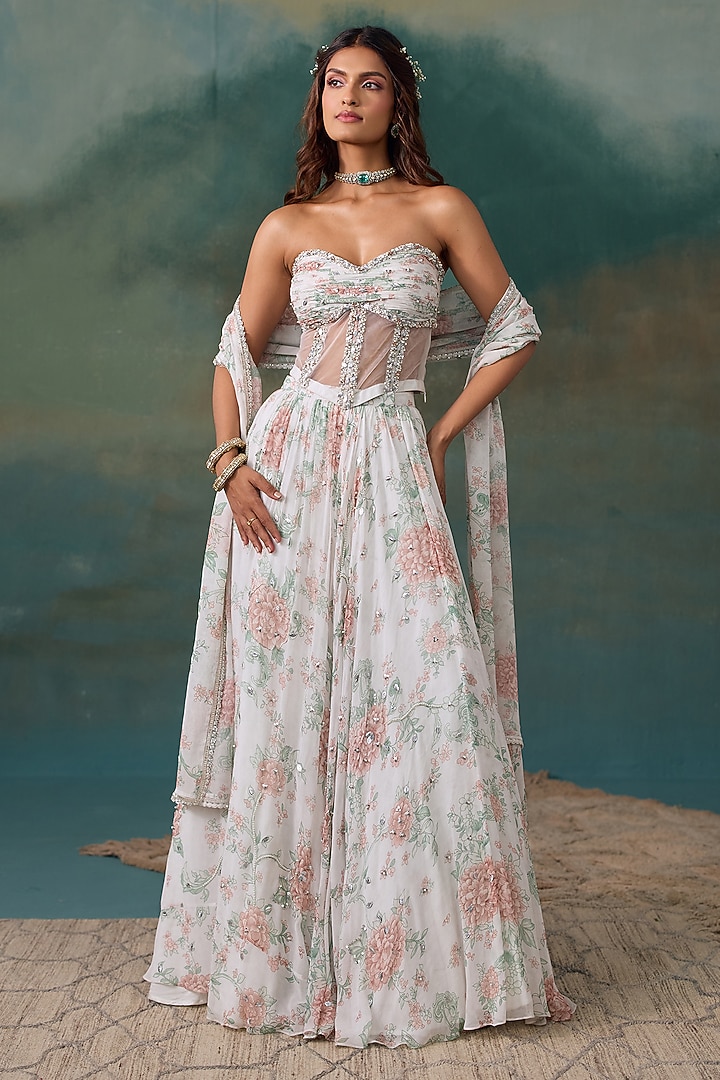 Pearl White Georgette Floral Embroidered Wedding Lehenga Set by Chhavvi Aggarwal at Pernia's Pop Up Shop