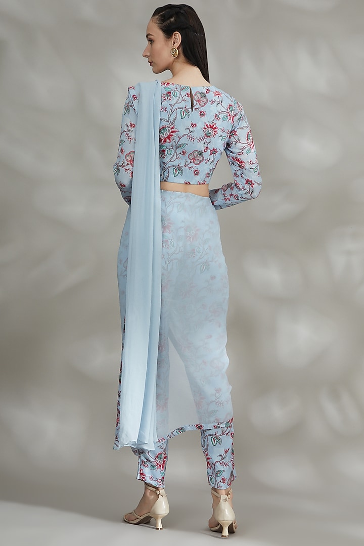 Sky Blue Crepe & Georgette Printed Pant Party Wear Saree Set by Chhavvi Aggarwal at Pernia's Pop Up Shop