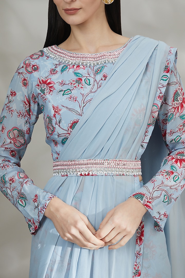 Sky Blue Crepe & Georgette Printed Pant Party Wear Saree Set by Chhavvi Aggarwal at Pernia's Pop Up Shop