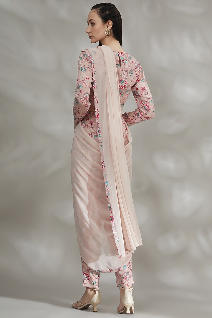 Blush Pink Crepe & Georgette Printed Pant Party Wear Saree Set by Chhavvi Aggarwal at Pernia's Pop Up Shop