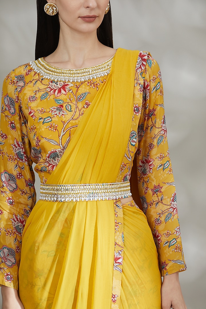 Yellow Crepe & Georgette Printed Pant Party Wear Saree Set by Chhavvi Aggarwal at Pernia's Pop Up Shop
