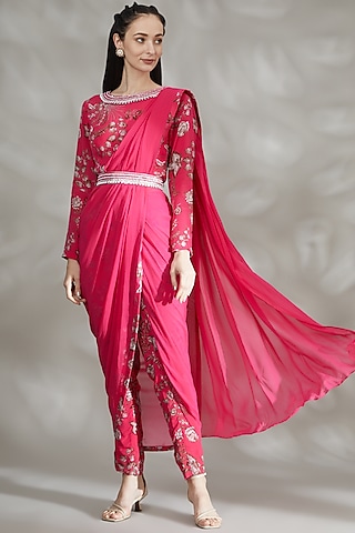 Fuchsia Crepe & Georgette Printed Pant Saree Set by Chhavvi Aggarwal