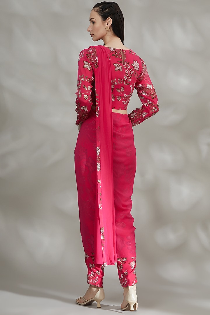 Fuchsia Crepe & Georgette Printed Pant Party Wear Saree Set by Chhavvi Aggarwal at Pernia's Pop Up Shop