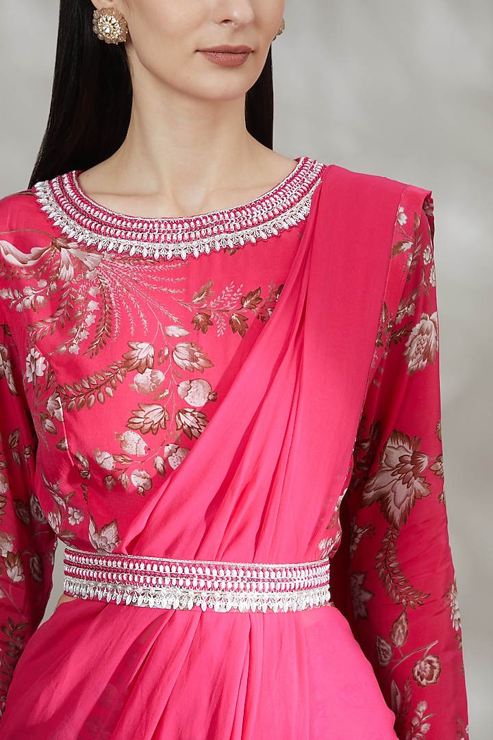 Fuchsia Crepe & Georgette Printed Pant Party Wear Saree Set by Chhavvi Aggarwal at Pernia's Pop Up Shop
