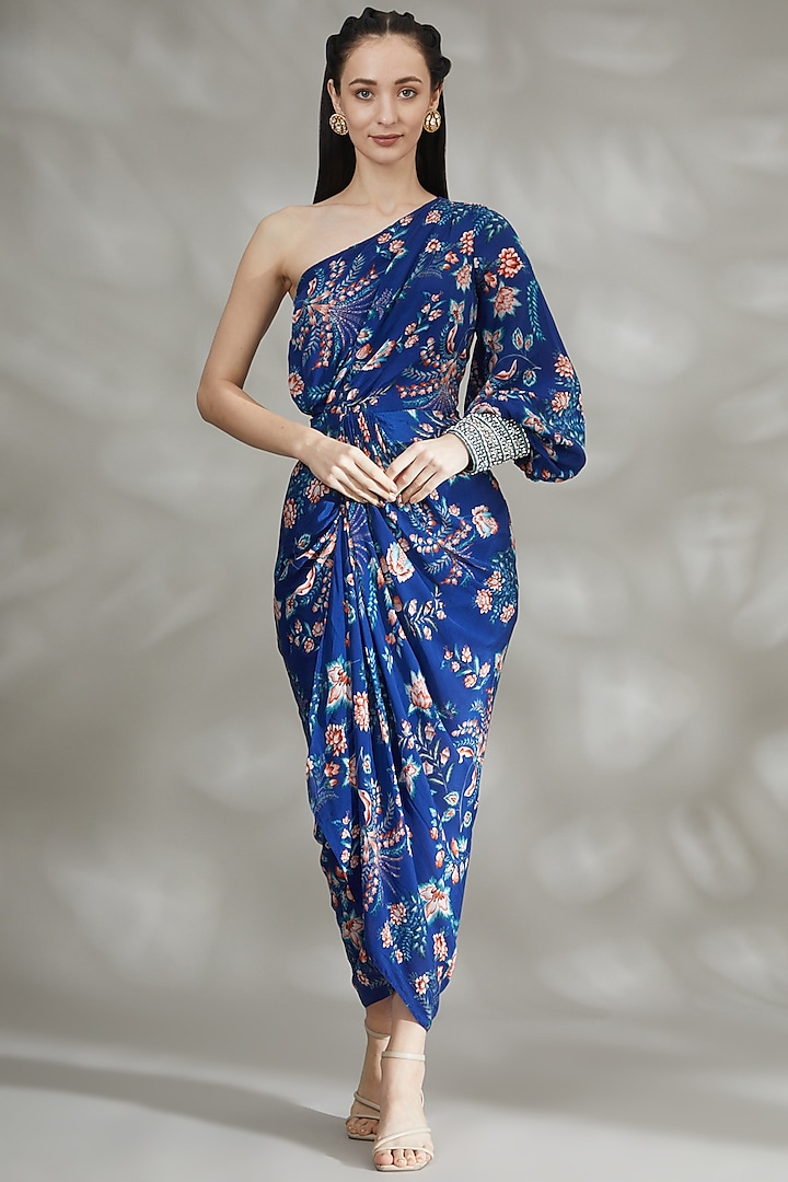 Royal Blue Crepe Printed Dress by Chhavvi Aggarwal