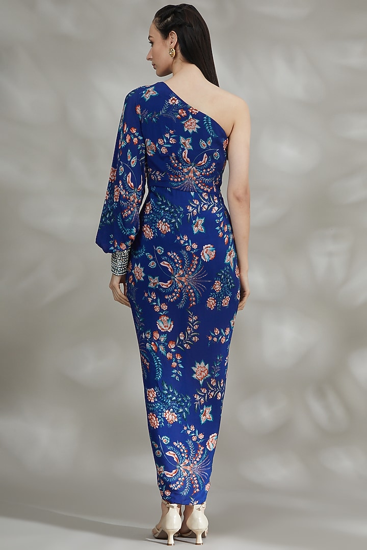 Royal Blue Crepe Printed Vacation Dress by Chhavvi Aggarwal at Pernia's Pop Up Shop