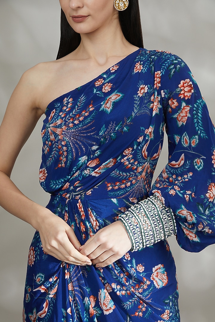 Royal Blue Crepe Printed Vacation Dress by Chhavvi Aggarwal at Pernia's Pop Up Shop