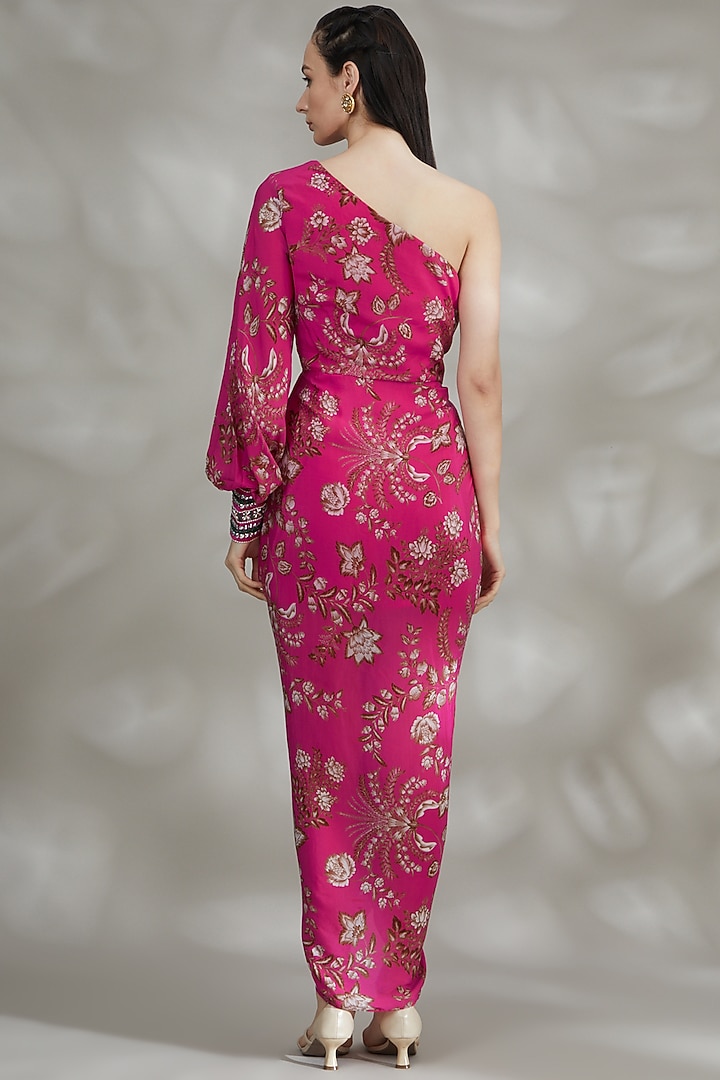 Fuchsia Crepe Printed Vacation Dress by Chhavvi Aggarwal at Pernia's Pop Up Shop