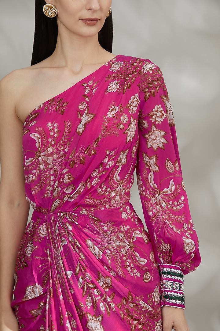 Fuchsia Crepe Printed Vacation Dress by Chhavvi Aggarwal at Pernia's Pop Up Shop