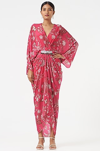 Hot Pink Printed Draped Dress by Chhavvi Aggarwal