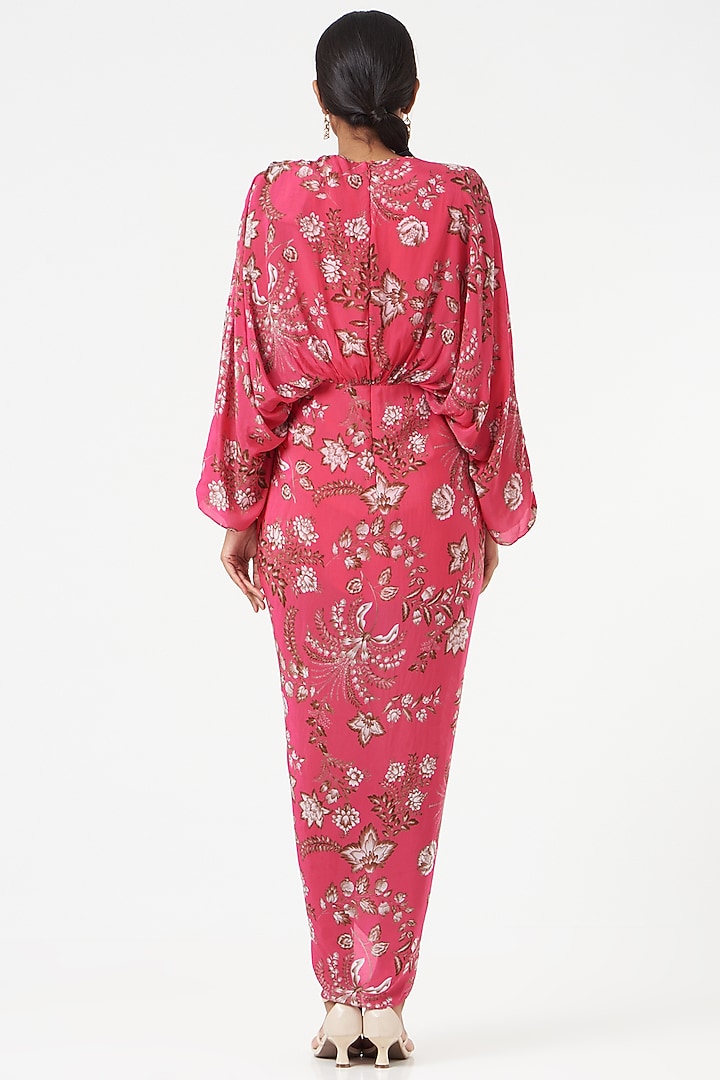 Hot Pink Printed Draped Vacation Dress by Chhavvi Aggarwal at Pernia's Pop Up Shop