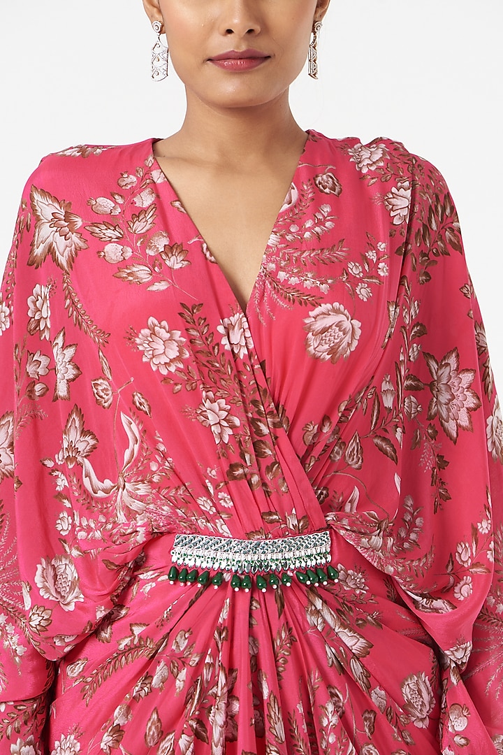 Hot Pink Printed Draped Vacation Dress by Chhavvi Aggarwal at Pernia's Pop Up Shop