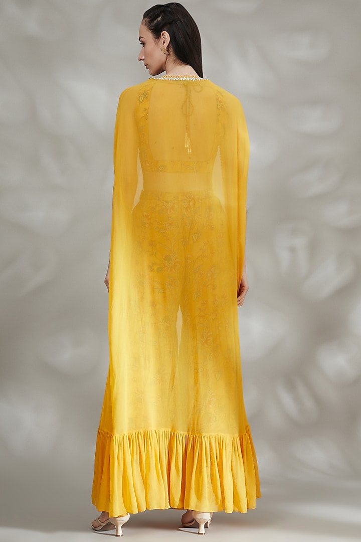 Yellow Printed Party Wear Sharara Set With Cape by Chhavvi Aggarwal at Pernia's Pop Up Shop