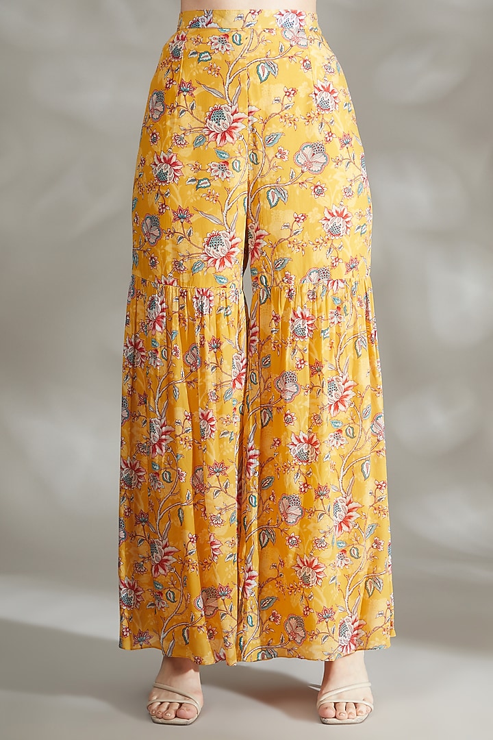 Yellow Printed Party Wear Sharara Set With Cape by Chhavvi Aggarwal at Pernia's Pop Up Shop
