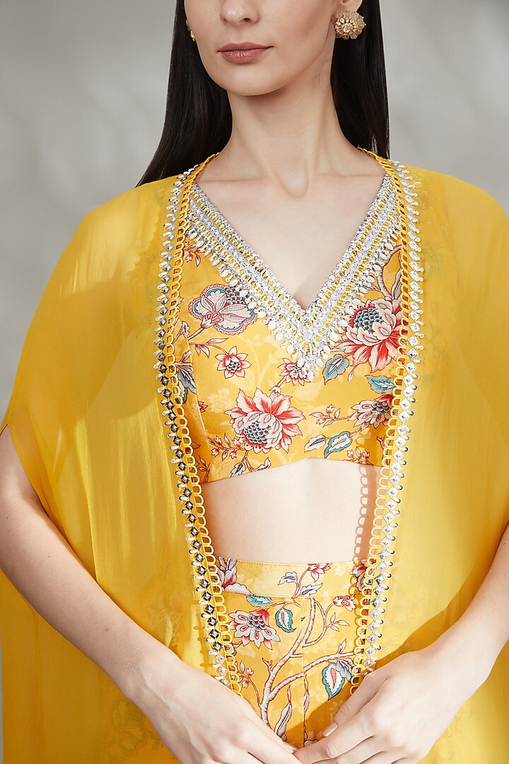 Yellow Printed Party Wear Sharara Set With Cape by Chhavvi Aggarwal at Pernia's Pop Up Shop
