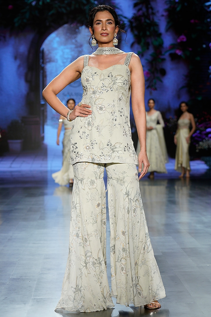 Ivory Georgette Printed Party Wear Sharara Set by Chhavvi Aggarwal at Pernia's Pop Up Shop