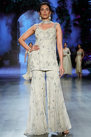 Ivory Georgette Printed Sharara Set by Chhavvi Aggarwal