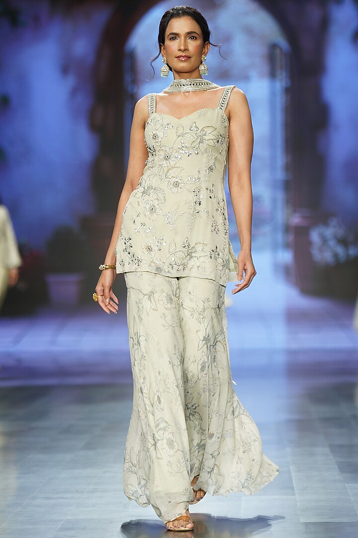 Ivory Georgette Printed Party Wear Sharara Set by Chhavvi Aggarwal at Pernia's Pop Up Shop