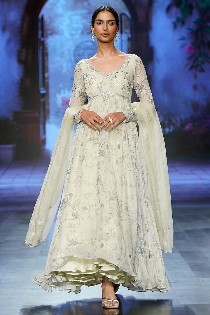 Ivory Georgette Hand Embroidered & Printed Wedding Anarkali Set by Chhavvi Aggarwal at Pernia's Pop Up Shop
