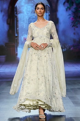 Ivory Georgette Hand Embroidered & Printed Anarkali Set by Chhavvi Aggarwal