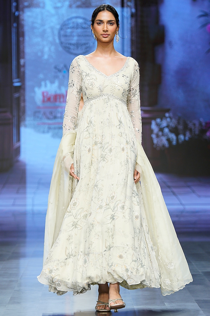 Ivory Georgette Hand Embroidered & Printed Wedding Anarkali Set by Chhavvi Aggarwal at Pernia's Pop Up Shop