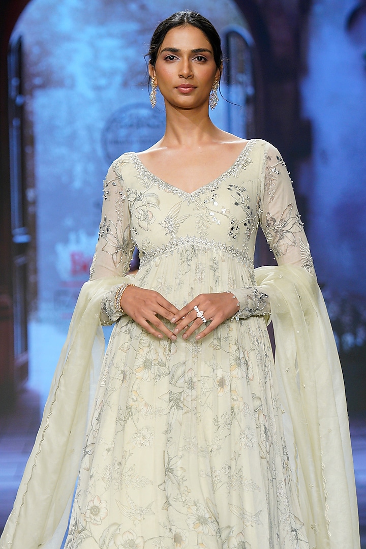 Ivory Georgette Hand Embroidered & Printed Wedding Anarkali Set by Chhavvi Aggarwal at Pernia's Pop Up Shop