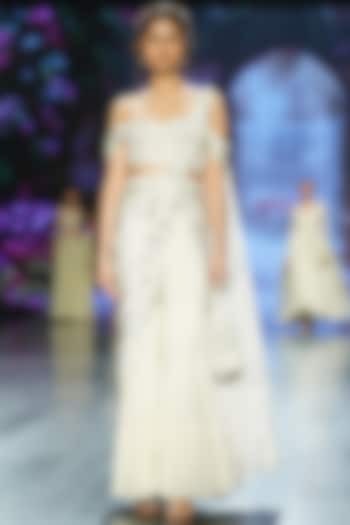 Ivory Crepe & Georgette Printed Sharara Wedding Saree Set by Chhavvi Aggarwal at Pernia's Pop Up Shop