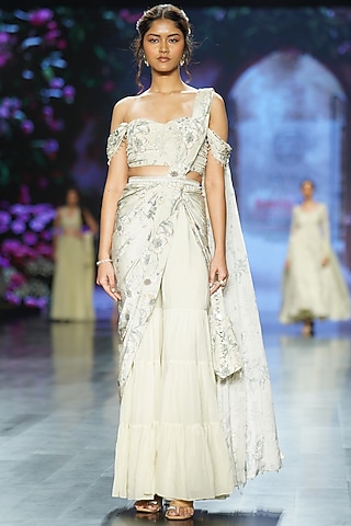 Ivory Crepe & Georgette Printed Sharara Saree Set by Chhavvi Aggarwal