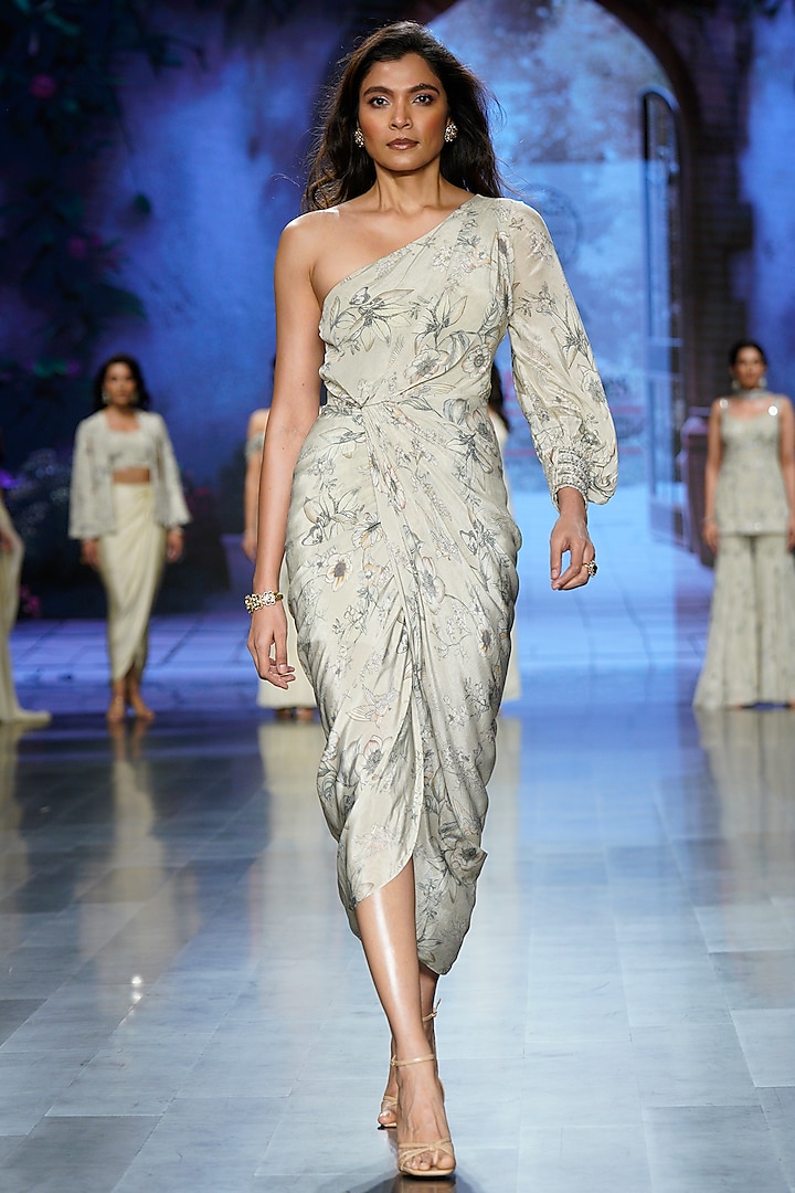 Ivory Crepe Printed & Hand Embroidered Vacation Dress by Chhavvi Aggarwal at Pernia's Pop Up Shop