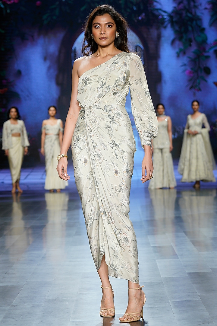 Ivory Crepe Printed & Hand Embroidered Vacation Dress by Chhavvi Aggarwal at Pernia's Pop Up Shop