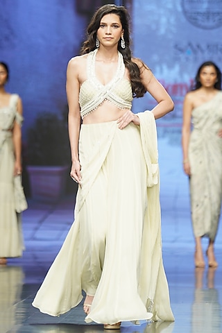 Ivory Georgette & Soft Net Pre-Draped Saree Set by Chhavvi Aggarwal