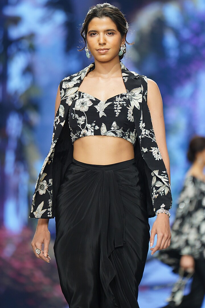 Black Crepe Floral Printed & Hand Embroidered Cape Set by Chhavvi Aggarwal at Pernia's Pop Up Shop
