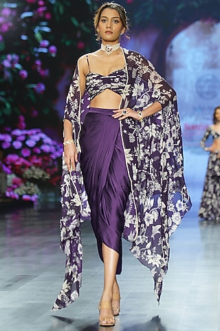 Purple Crepe Floral Printed & Hand Embroidered Cape Set by Chhavvi Aggarwal