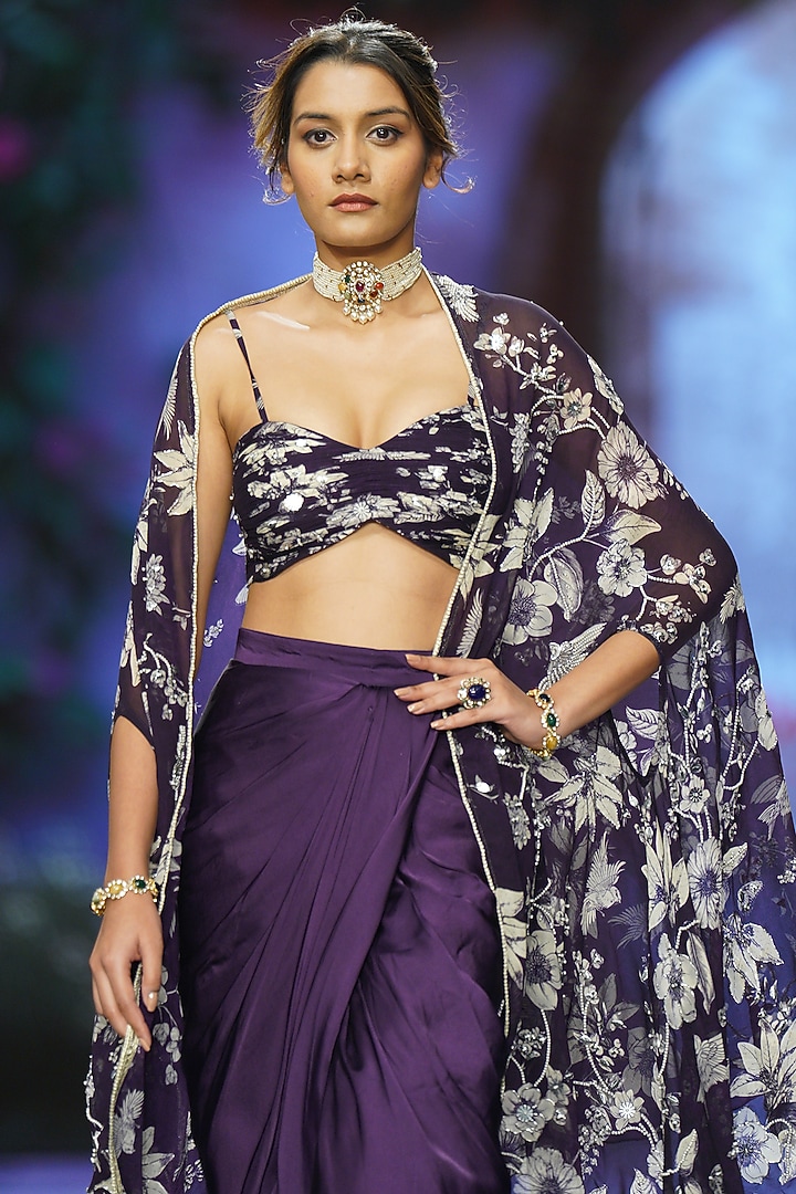Purple Crepe Floral Printed & Hand Embroidered Cape Set by Chhavvi Aggarwal at Pernia's Pop Up Shop