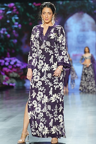 Purple Crepe Printed & Mirror Work Kaftan by Chhavvi Aggarwal