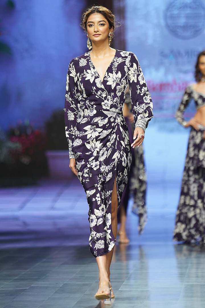 Purple Crepe Printed & Hand Embroidered Vacation Dress by Chhavvi Aggarwal at Pernia's Pop Up Shop