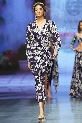 Purple Crepe Printed & Hand Embroidered Dress by Chhavvi Aggarwal