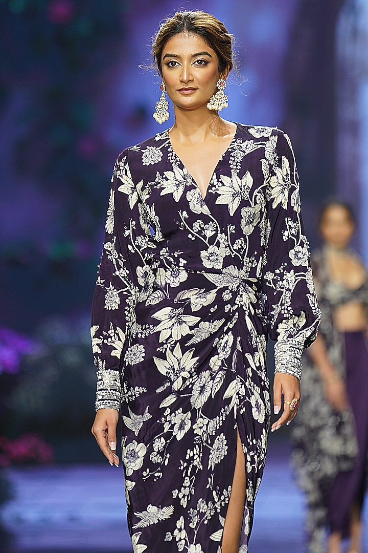 Purple Crepe Printed & Hand Embroidered Vacation Dress by Chhavvi Aggarwal at Pernia's Pop Up Shop