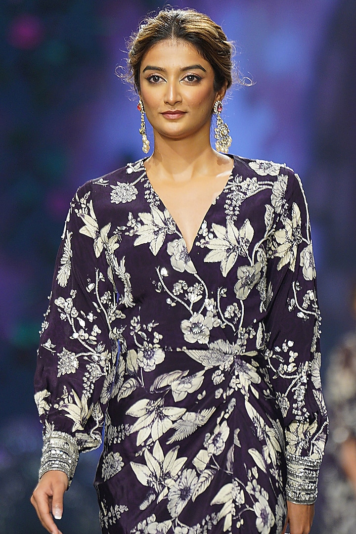 Purple Crepe Printed & Hand Embroidered Vacation Dress by Chhavvi Aggarwal at Pernia's Pop Up Shop
