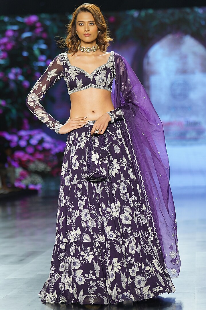 Purple Georgette Floral Printed Wedding Lehenga Set by Chhavvi Aggarwal at Pernia's Pop Up Shop