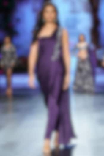 Purple Satin Hand Embroidered Pant Party Wear Saree Set by Chhavvi Aggarwal at Pernia's Pop Up Shop