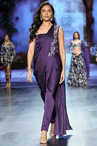 Purple Satin Hand Embroidered Pant Saree Set by Chhavvi Aggarwal