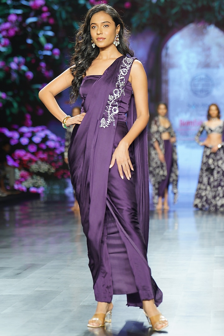 Purple Satin Hand Embroidered Pant Party Wear Saree Set by Chhavvi Aggarwal at Pernia's Pop Up Shop