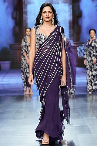 Purple Georgette Embroidered Sharara Saree Set by Chhavvi Aggarwal