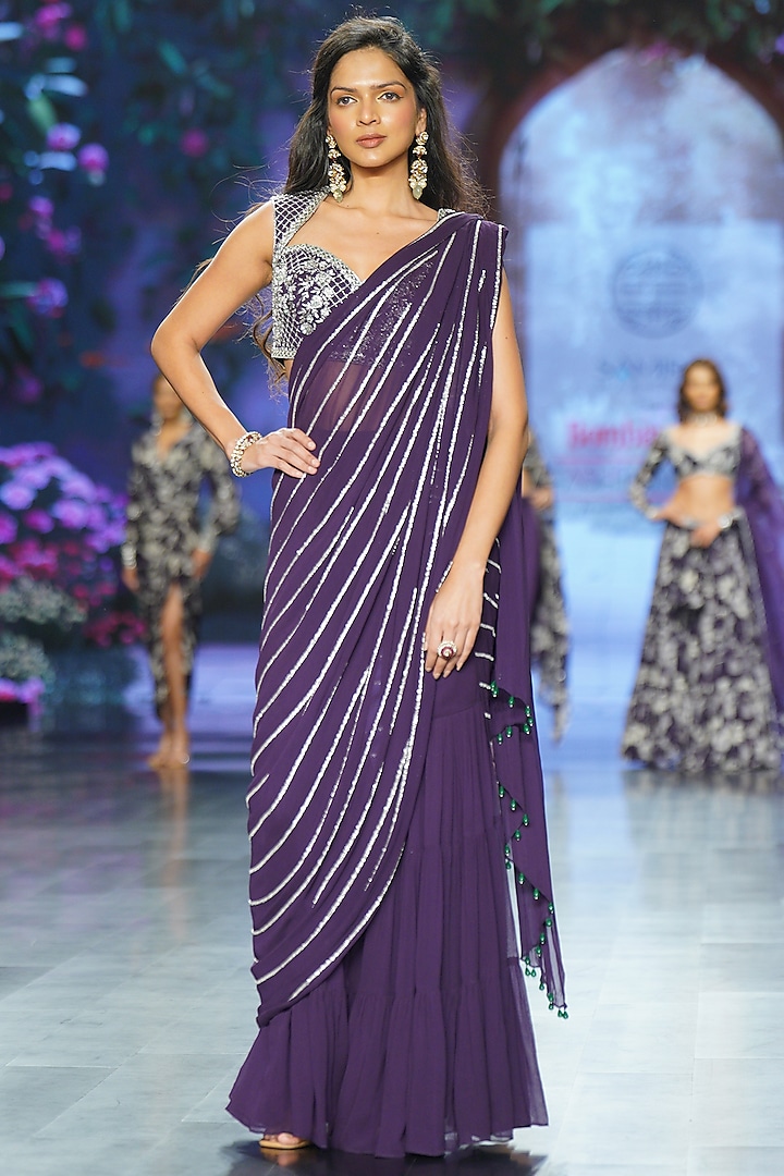 Purple Georgette Embroidered Sharara Wedding Saree Set by Chhavvi Aggarwal at Pernia's Pop Up Shop
