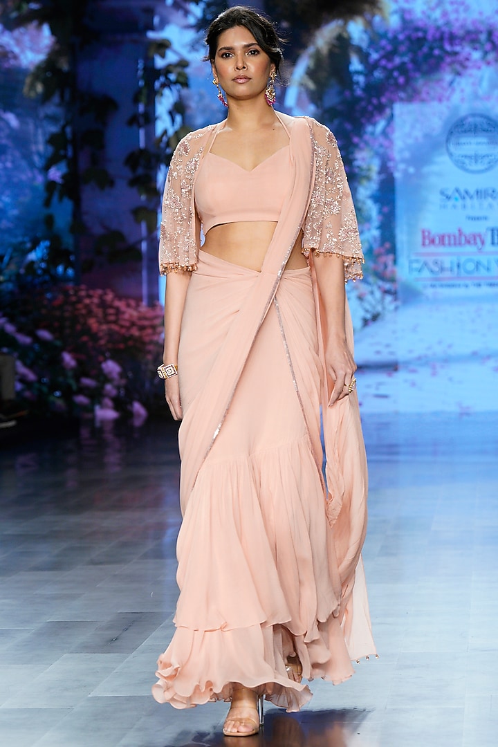 Pink Net & Georgette Hand Embroidered Pre-stitched Jacket Wedding Saree Set by Chhavvi Aggarwal at Pernia's Pop Up Shop