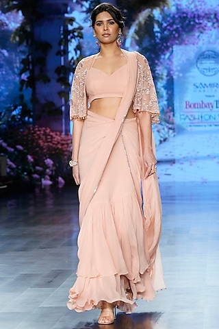 Pink Net & Georgette Hand Embroidered Pre-stitched Jacket Saree Set by Chhavvi Aggarwal